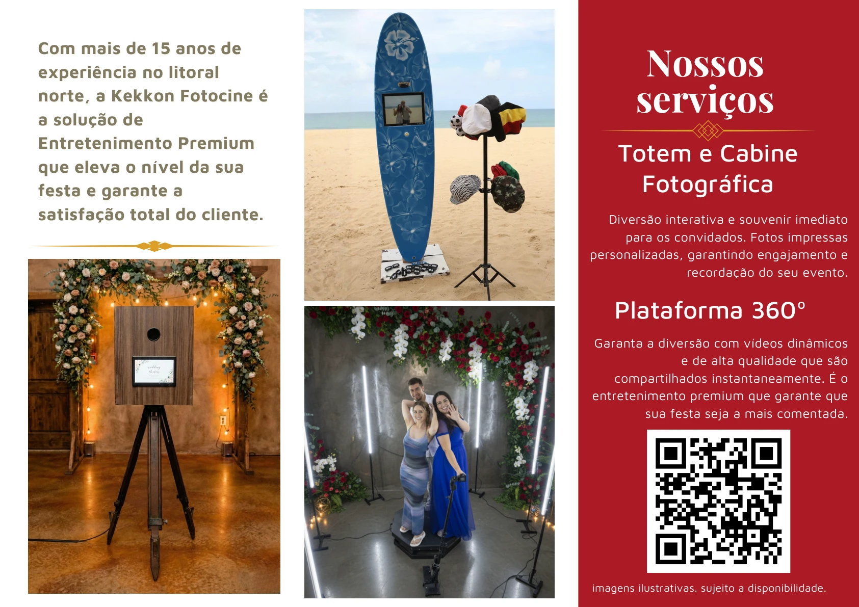 Apresentação da Kekkon360 com serviços de totem, cabine de fotos e plataforma 360